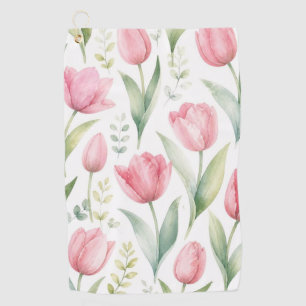 Pink Tulips Watercolor Floral Painting Botanical Golf Towel