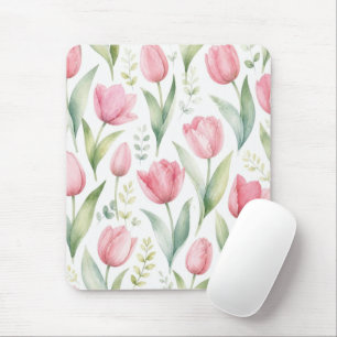 Pink Tulips Watercolor Floral Painting Botanical Mouse Pad