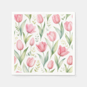 Pink Tulips Watercolor Floral Painting Botanical Napkin