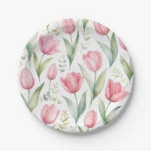 Pink Tulips Watercolor Floral Painting Botanical Paper Plate
