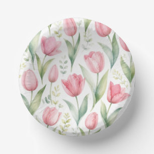 Pink Tulips Watercolor Floral Painting Botanical Paper Plate