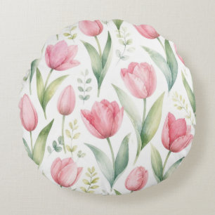 Pink Tulips Watercolor Floral Painting Botanical Round Cushion