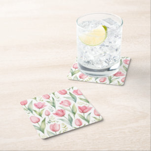 Pink Tulips Watercolor Floral Painting Botanical Square Paper Coaster