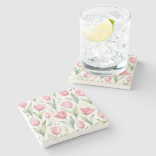 Pink Tulips Watercolor Floral Painting Botanical Stone Coaster