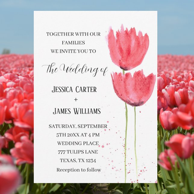 Pink Tulips Watercolor Floral Wedding Invitation (Creator Uploaded)
