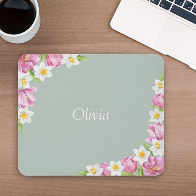 Pink Tulips & White Daffodils Floral Mouse Pad (Creator Uploaded)