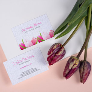 Pink Tulips White Damasks Background Business Card