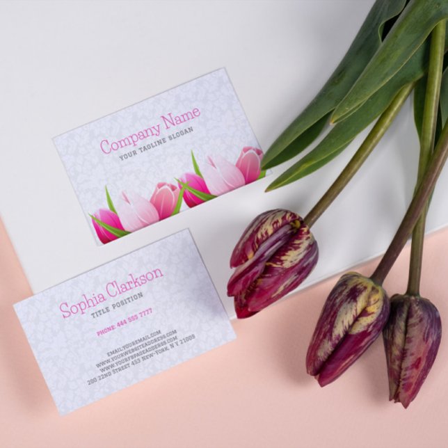 Pink Tulips White Damasks Background Business Card (Creator Uploaded)