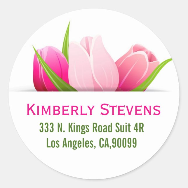 Pink Tulips White Damasks Background Classic Round Sticker (Front)