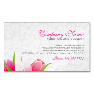 Pink Tulips White Damasks Background Magnetic Business Card