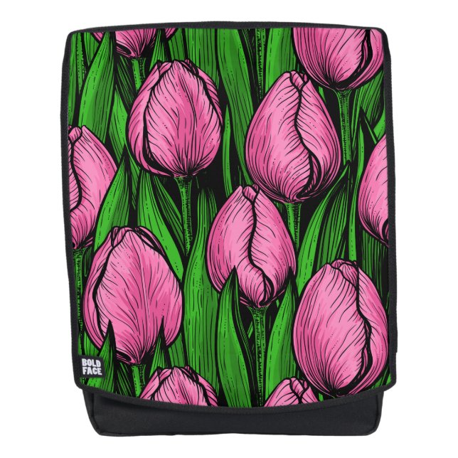 Pink tulips with green leaves backpack (Front)