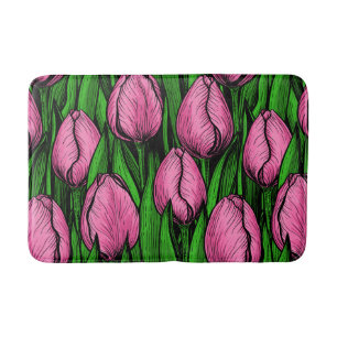 Pink tulips with green leaves bath mat