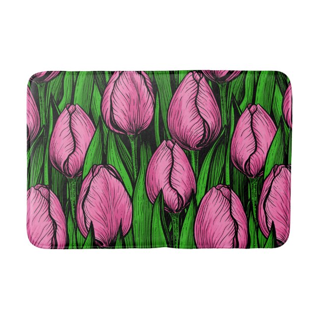 Pink tulips with green leaves bath mat (Front)