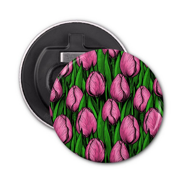 Pink tulips with green leaves bottle opener (Front)