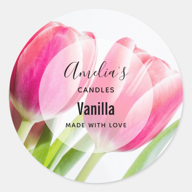 Pink Tulips with Green Leaves - Candle Business Classic Round Sticker (Front)