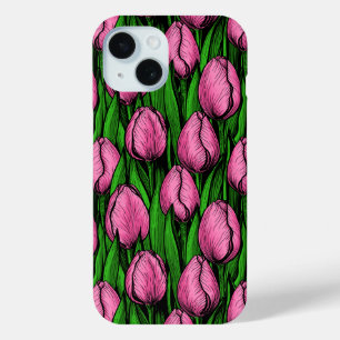 Pink tulips with green leaves iPhone 15 case