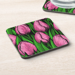 Pink tulips with green leaves coaster