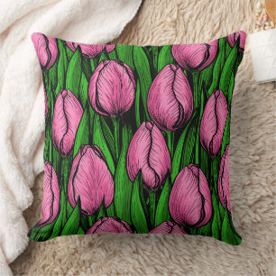 Pink tulips with green leaves cushion