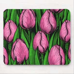 Pink tulips with green leaves mouse pad