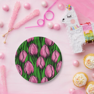 Pink tulips with green leaves paper plate