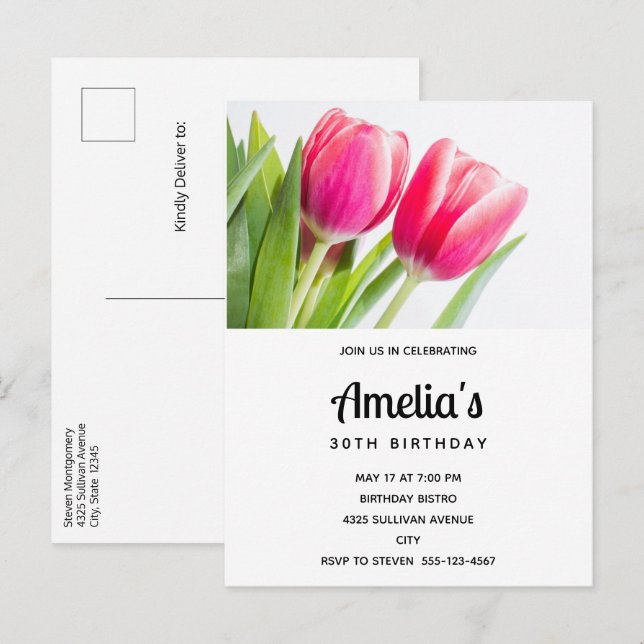 Pink Tulips with Green Leaves Photo Birthday Invitation Postcard (Front/Back)