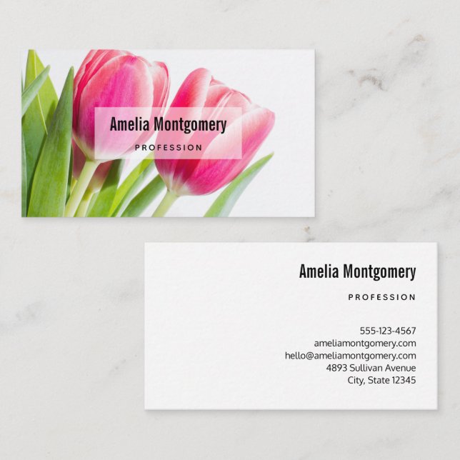 Pink Tulips with Green Leaves Photo Business Card (Front/Back)
