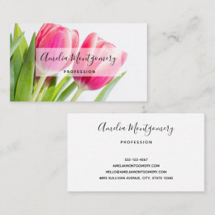 Pink Tulips with Green Leaves Photo Business Card