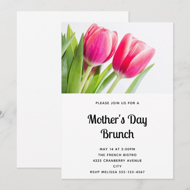 Pink Tulips with Green Leaves Photo Mother's Day Invitation (Front/Back)