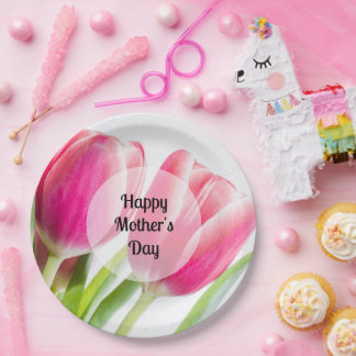 Pink Tulips with Green Leaves Photo Mother's Day Paper Plate