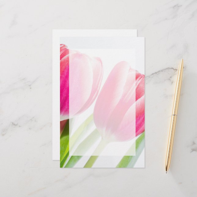 Pink Tulips with Green Leaves Photo Stationery (Front/Back In Situ)