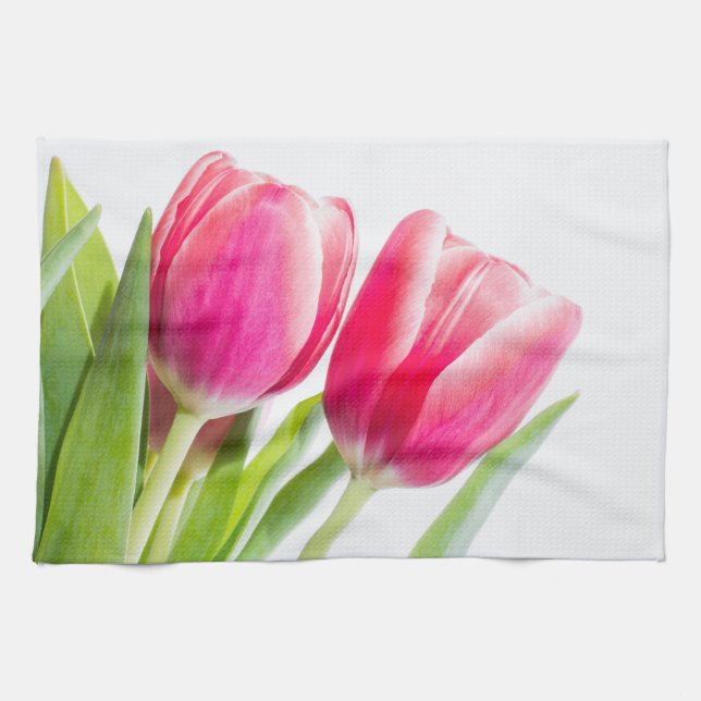 Pink Tulips with Green Leaves Photo Tea Towel (Horizontal)
