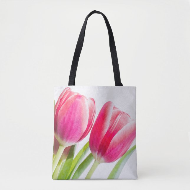 Pink Tulips with Green Leaves Photo Tote Bag (Front)