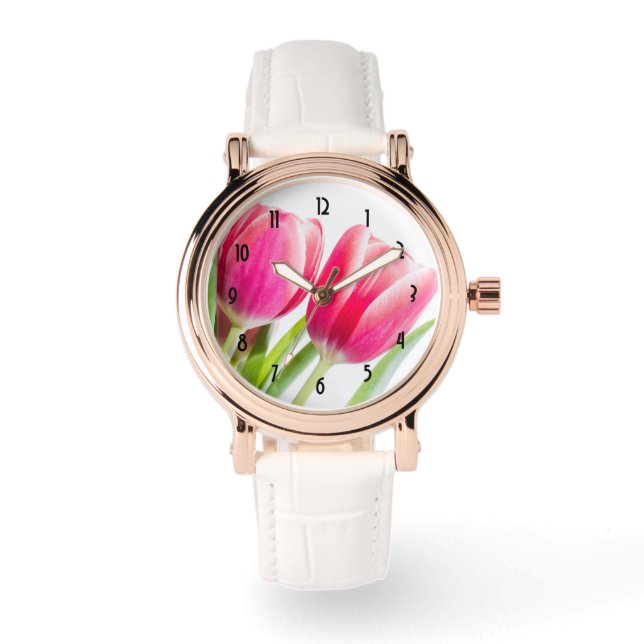 Pink Tulips with Green Leaves Photo Watch (Front)