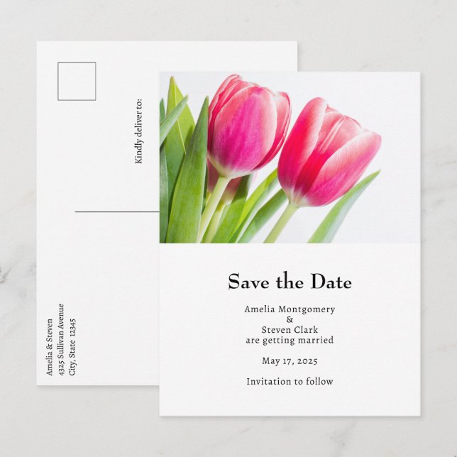 Pink Tulips with Green Leaves Photo Wedding Announcement Postcard (Front/Back)