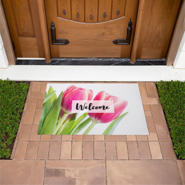 Pink Tulips with Green Leaves Photo Welcome Doormat (Outdoor)