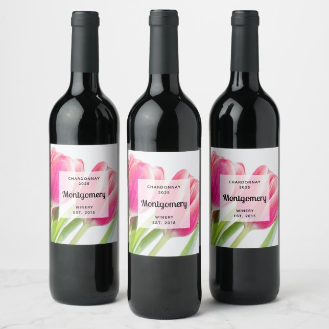 Pink Tulips with Green Leaves Photo Wine Making Wine Label (Bottles)