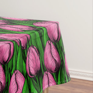 Pink tulips with green leaves tablecloth