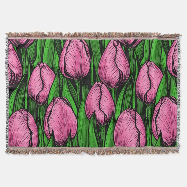 Pink tulips with green leaves throw blanket (Front)