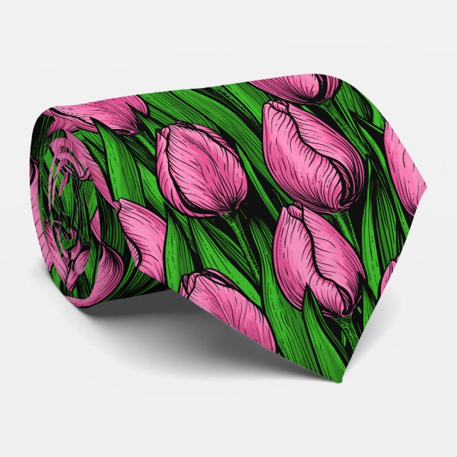 Pink tulips with green leaves tie (Rolled)