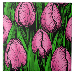 Pink tulips with green leaves tile