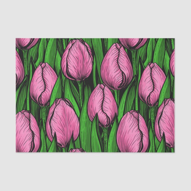 Pink tulips with green leaves tissue paper (Front)