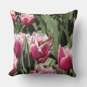 Pink Tulips with Peacock Butterfly Throw Pillow