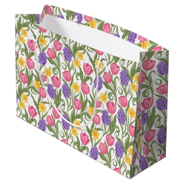 Pink Tulips, Yellow Daffodils, Purple Hyacinths Large Gift Bag (Back Angled)