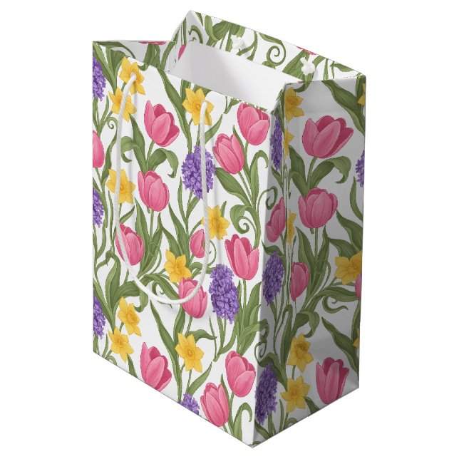 Pink Tulips, Yellow Daffodils, Purple Hyacinths Medium Gift Bag (Back Angled)