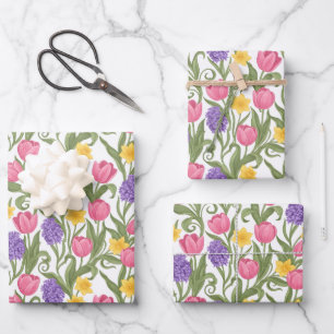 Pink Tulips, Yellow Daffodils, Purple Hyacinths Wrapping Paper Sheet