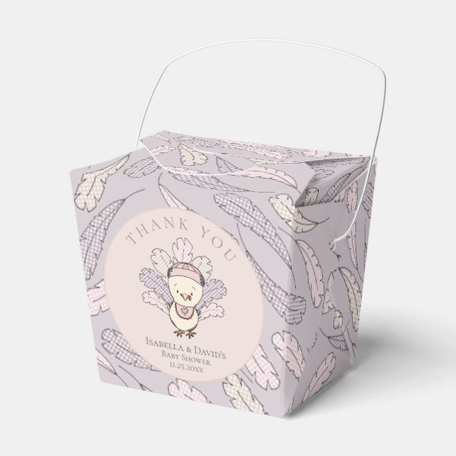 Pink Turkey & Feathers Fall Girl Baby Shower Favour Box (Front Side)
