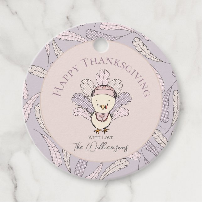 Pink Turkey & Feathers Happy Thanksgiving Gift Tag (Front)