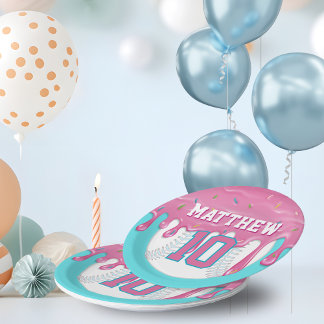 Pink & Turquoise Baseball Drip Birthday Party Paper Plate