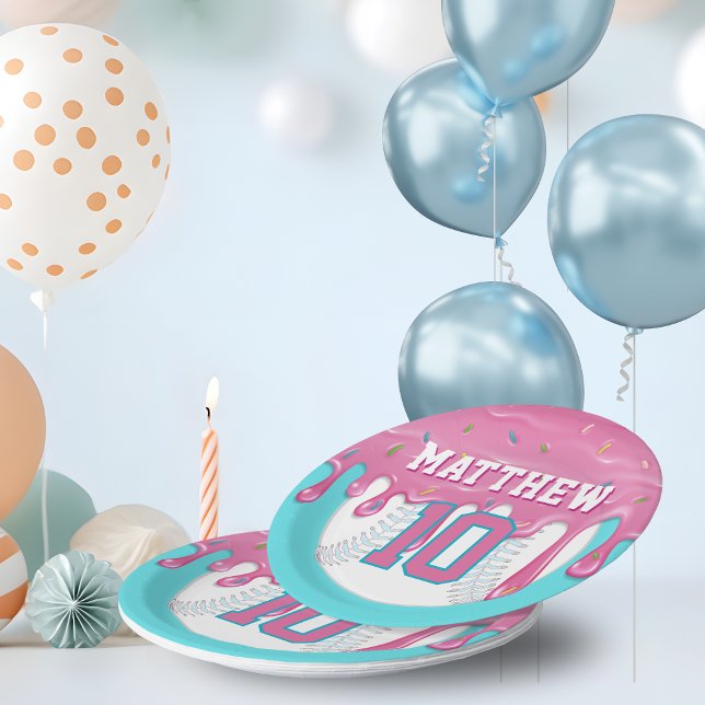 Pink & Turquoise Baseball Drip Birthday Party Paper Plate (Pink baseball ice cream drip party paper plates)