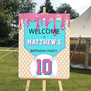 Pink Turquoise Baseball Drip Birthday Welcome Sign